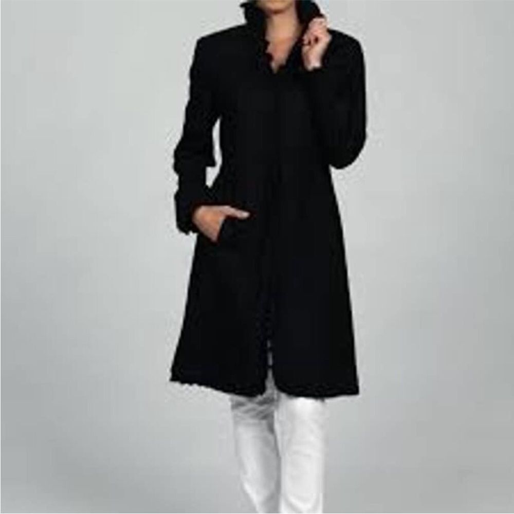 DKNY | Black Wool Blend Ruffle Trim Trench Coat Hook Closures Women’s Size 10